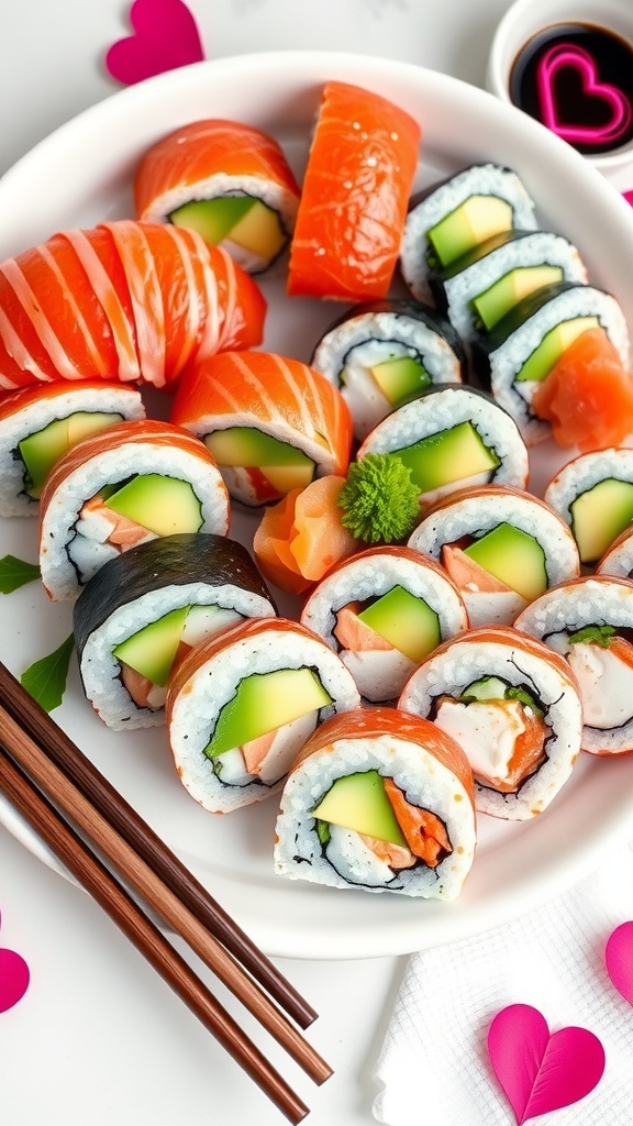 A platter of colorful sushi rolls with avocado, cucumber, and crab, garnished with wasabi and pickled ginger.